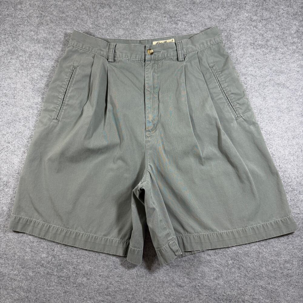 Vintage 90s Eddie Bauer Chino Shorts Womens 14 Olive Green Cotton Pleated Front